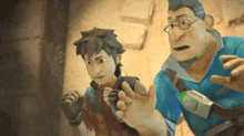 two cartoon characters are looking at something and one has a green device that says ' j ' on it