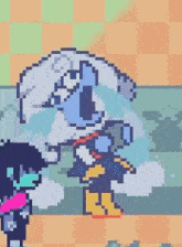 a pixel art of a cartoon character standing next to another cartoon character
