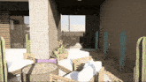 an artist 's impression of a patio with cactus and a couch