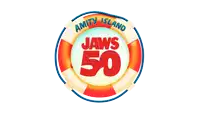 a picture of a shark with its mouth open and a life preserver in the background that says around
