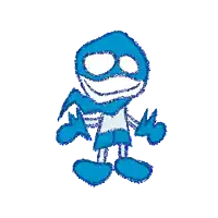 a blue cartoon character with a scarf around his neck is standing on a white background .