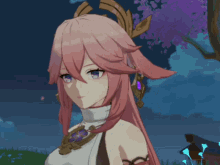 a girl with pink hair and blue eyes is standing in front of a tree