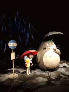 a cartoon character holding an umbrella next to a sign that says " bus stop " on it