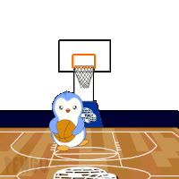 a cartoon of a penguin holding a basketball over a basketball net