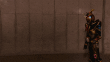 a person in a costume with a pink and blue light coming out of their hand