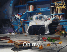 a cartoon character is sitting in a messy room and the words oh my are on the floor
