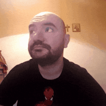 a bald man with a beard is wearing a black t-shirt with a picture of spider-man on it