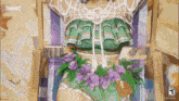 a woman in a green bikini with purple flowers on her stomach is sitting in a chair ..