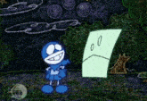 a blue cartoon character is smiling next to a green sad face