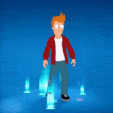 fry from futurama is walking on a blue background with a circle around him