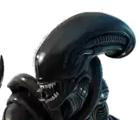 a close up of a black alien with its mouth open and teeth showing