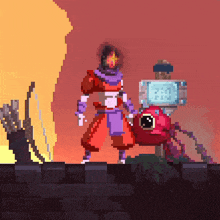a pixel art of a person standing next to a red object with a clock on it that says 9:41