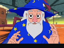 a cartoon of a wizard with a blue hat and a white beard