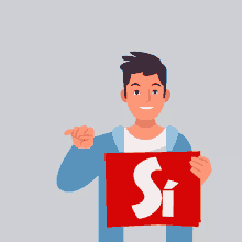 a man holds up a red sign with the letter s on it