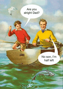 a man in a yellow sweater is talking to a boy in a red shirt in a boat in the ocean