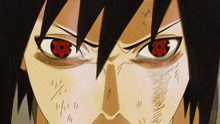 a close up of a person 's face with a red eye