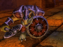 a video game character holding a sword and a shield