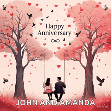 a happy anniversary card for john and amanda with a couple sitting on a swing