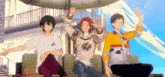 three anime characters are sitting on a couch with their arms outstretched