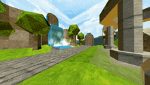 a video game scene with trees and buildings and a waterfall