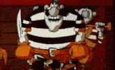 a cartoon of a man with a beard and mustache holding a sword and a trumpet