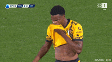 a soccer player in a yellow jersey holds up his arm in the air