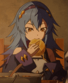 a cartoon girl with blue hair is eating something
