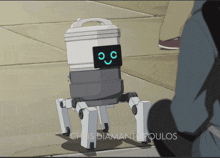 a cartoon drawing of a robot with the name chris diamantopoulos on the bottom right