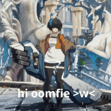 a cartoon character with a robotic arm says hi oomfie