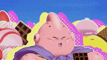 a pink cartoon character with a purple scarf around his neck is surrounded by candy