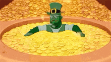 a cartoon leprechaun is swimming in a pile of gold coins .