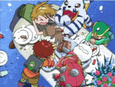 a group of cartoon characters are laying on a bed and one of them has a green book with the letter s on it