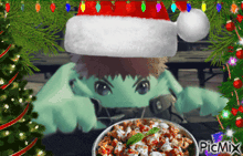 a picture of a monster wearing a santa hat eating a bowl of food