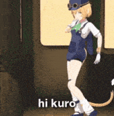 a girl in overalls is standing in a room with the words hi kuro on the bottom