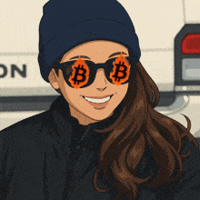 a woman wearing a beanie and sunglasses with a bitcoin symbol on them