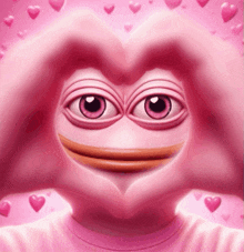 a pink frog making a heart with his hands