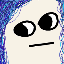 a drawing of a girl with blue hair has a smiley face