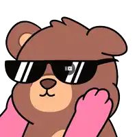 a cartoon bear wearing sunglasses with a pink paw