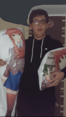 a man in a champion hoodie holds a pillow with a girl on it