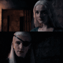 a man with a bandage on his eye and a woman with white hair