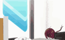 a cartoon drawing of a person sitting at a desk with an apple on it .