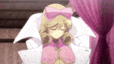a girl with a pink bow on her head is wearing a white coat
