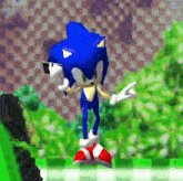 sonic the hedgehog is wearing sunglasses and pointing to the left