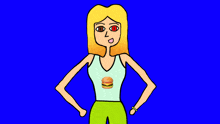 a cartoon woman with red eyes and a hamburger on her shirt