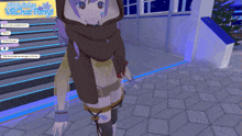 a girl with purple hair is standing in front of a sign that says virtual reality