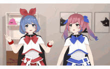 two anime girls standing next to each other with one wearing a red bow
