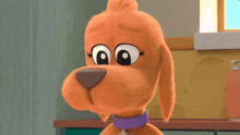 a cartoon dog wearing a purple collar looks sad