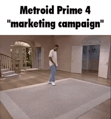 a man is standing on a rug in a living room in a metroid prime 4 marketing campaign .