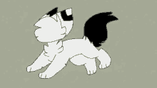 a black and white cartoon cat is standing on its hind legs on a grey background .