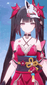 a girl with long black hair wearing a red dress and a white mask